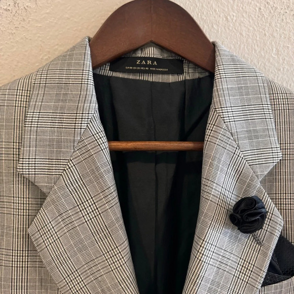 Zara Men's Plaid Blazer Notched Lapel Two Button Front Flap Pocket Lined 38 Grey - Picture 2 of 14